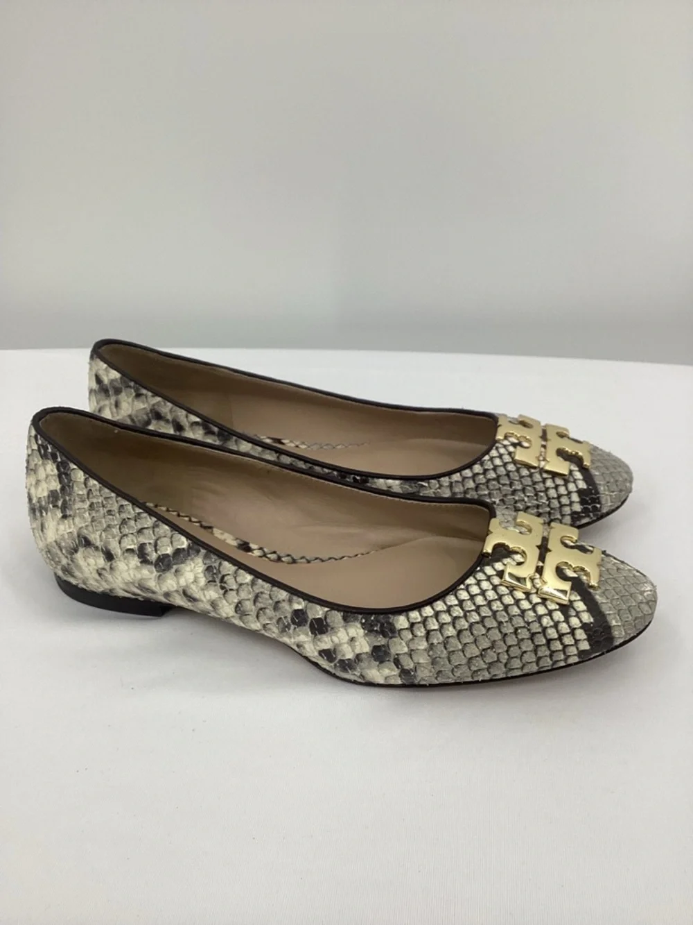 Tory Burch Georgia Snake-Print Ballet Flats with Gold Logo